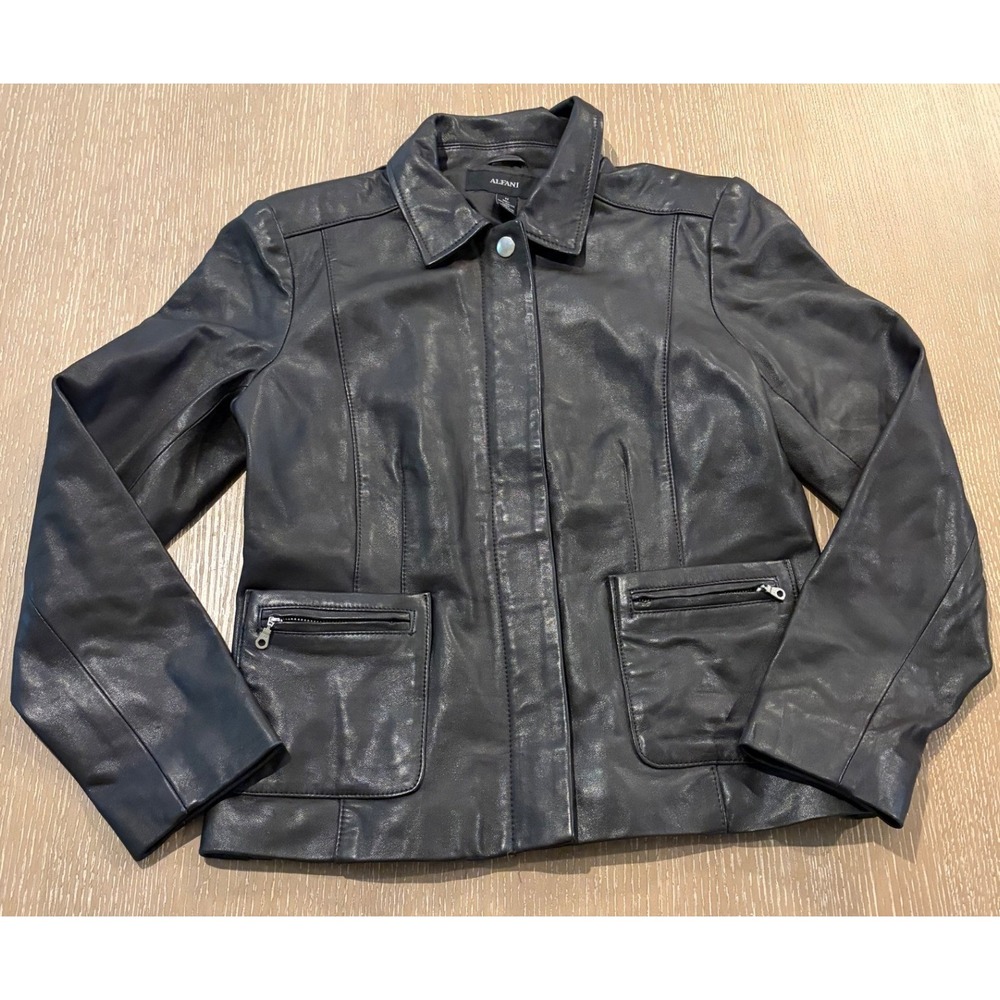 Alfani Women's Medium Dark Brown Genuine Leather Zip Front Jacket Pockets EUC